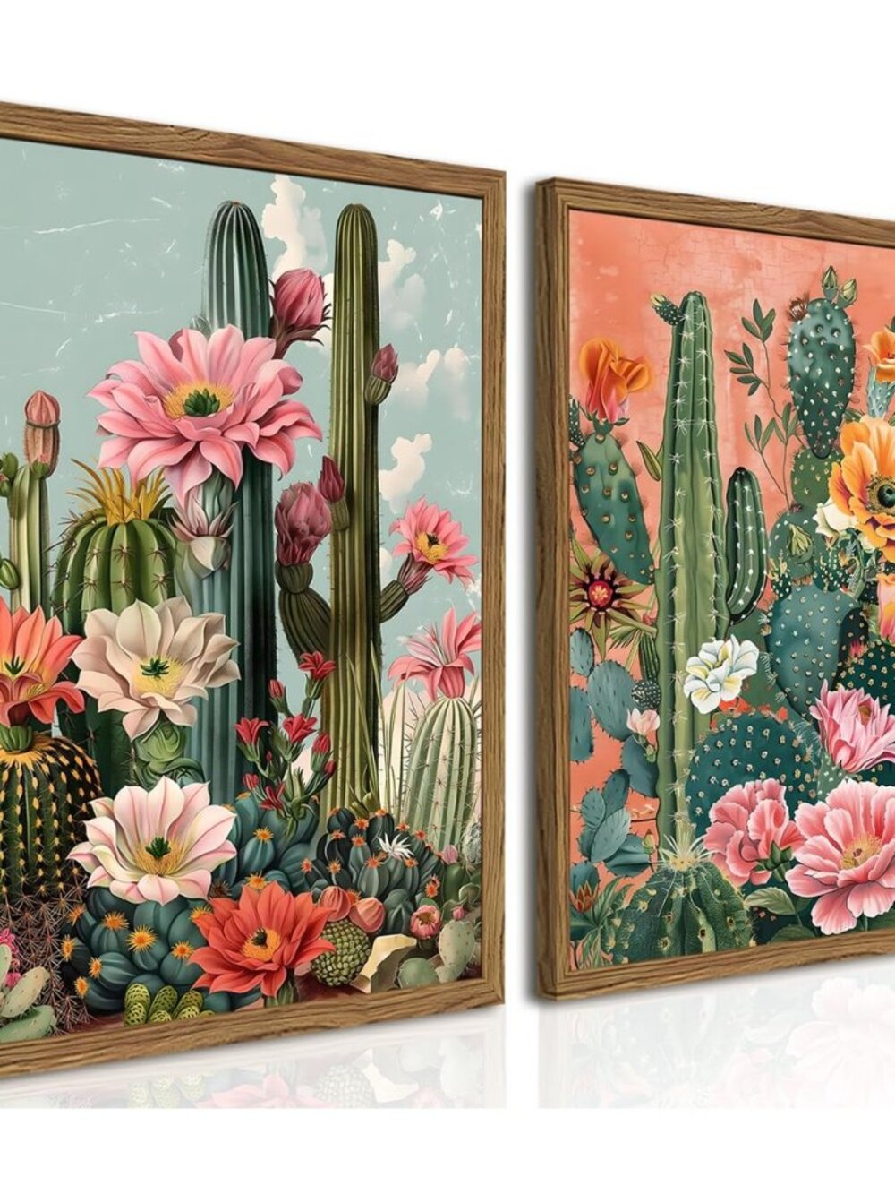 Framed Mexican Cactus Canvas Wall Art Set of 2, Vintage Desert Floral Wall Decor